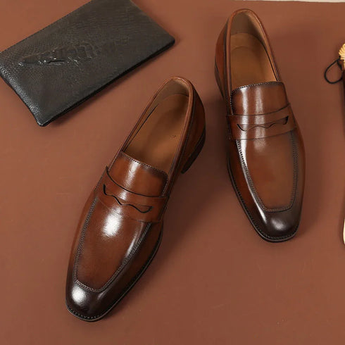 Elegant Genuine Leather Slip-On Oxford Loafers for Men - Formal and Casual Dress Shoes for Office & Career with Pointed Toe Design